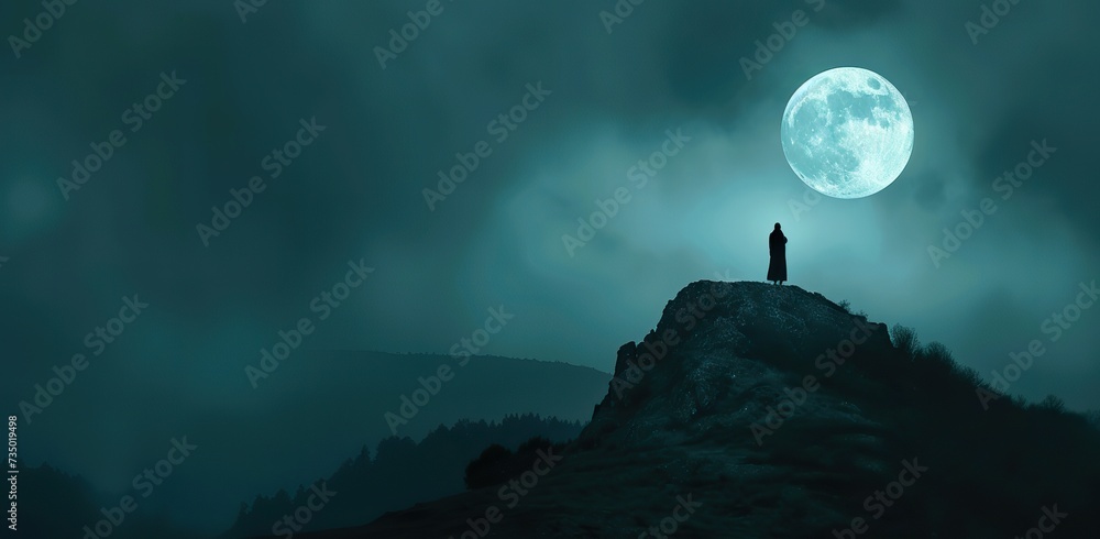 Silhouette of a person against the moon. The concept of solitude and contemplation. Silhouette of a person against the moon. The concept of solitude and contemplation.