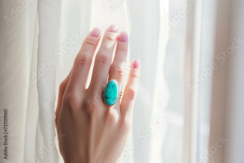 womans hand with a turquoise stone at a bright window