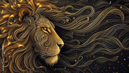 Golden lion in decorative art style. The concept of strength and majesty.