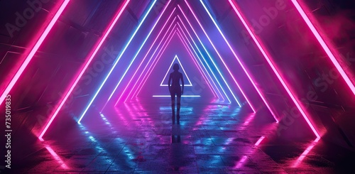 Silhouette of a person between neon triangles in a dark corridor.