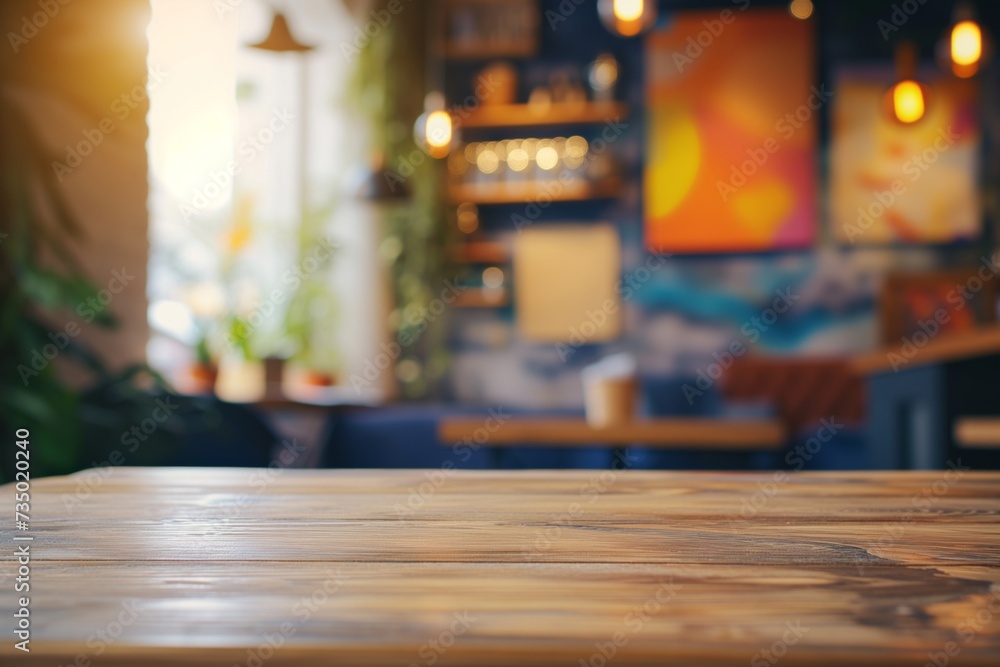 table surface with blurred cafe wall art and furnishings