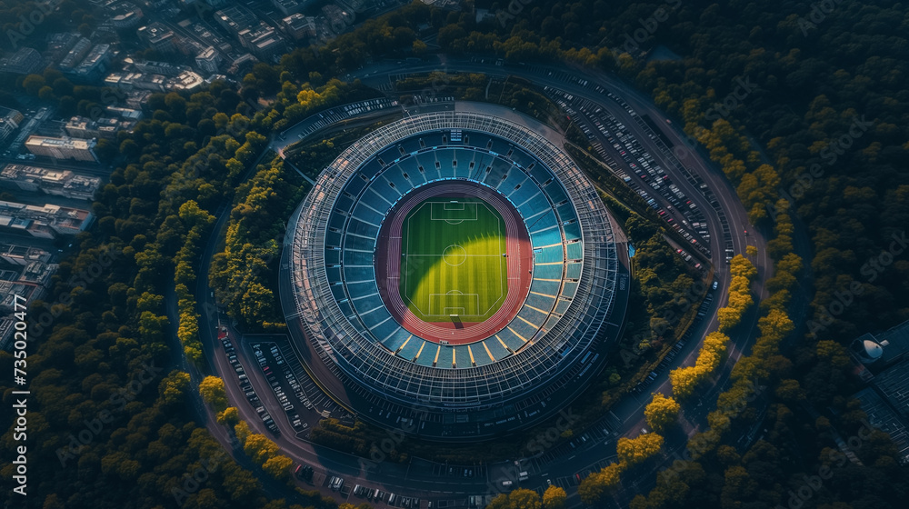 Aerial view of a large, empty circular stadium surrounded by trees with vivid green  foliage