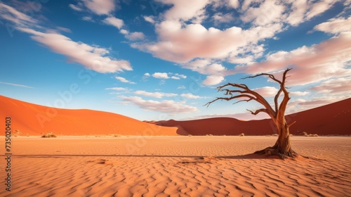 The most beautiful landscape of Africa  a desert with a single withered tree against a blue sky with rare white clouds on a sunny day. Copy space.