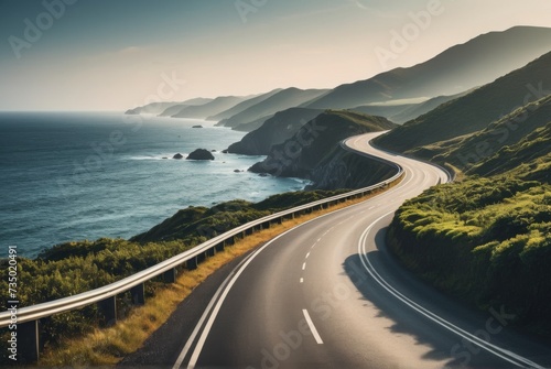 A scenic morning view of a highway road winding along the coastline amidst nature landscape by ai generated