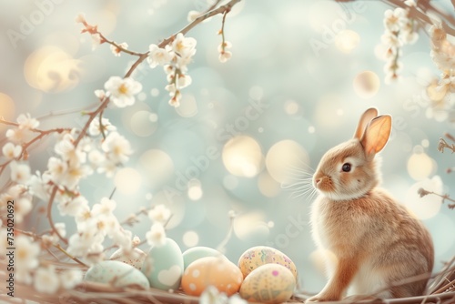 Easter background with bunny and eggs in bokeh