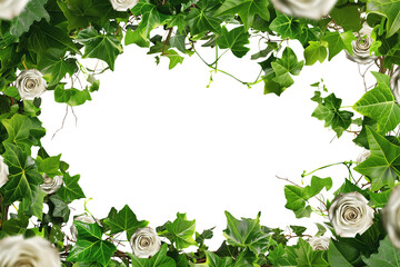 White rose frame. Ivy, vines, green leaves, branches. Intricate flawless pen tool cutout. Transparent PNG background. Love concept. Valentines day. Mother's Day. Celebration card design. 