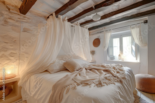 White romantic bedroom, warm and cozy style. 