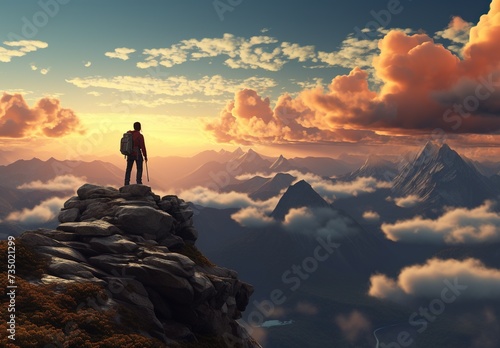 Young man up the mountain admiring the landscape. This is a 3d render illustration