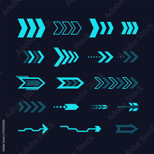 Arrows cyberpunk style collection. Futuristic design elements for games and applications.