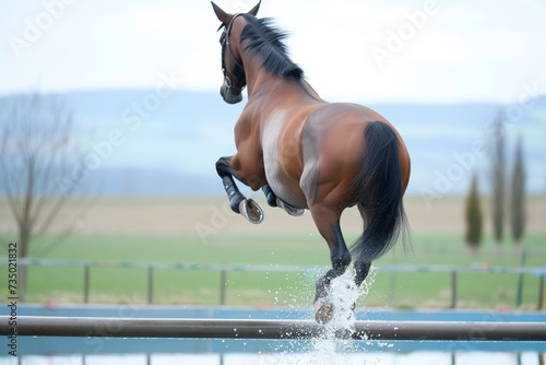 rear view of a horse soaring over a water jump © primopiano