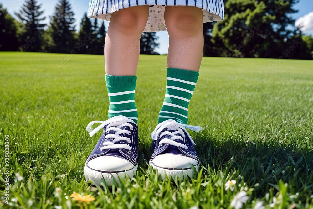 A closeup of the legs of a child with striped socks and sneakers in a green grass field.