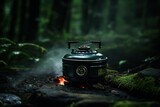 black pot sitting on the ground with a small propane stove, a black stove sitting on top of a forest

