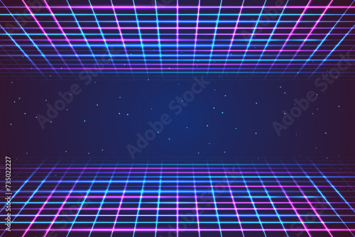 Futuristic background with glowing grid and starry sky 80s 90s style
