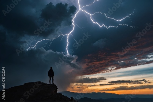 Man looking at storm in mountains. Hiker reach the mountain top at storm.