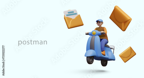 Advertising of postal services. Postman on scooter, flying envelopes