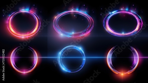 Optical halo flares with neon light vector effect set isolated on transparent background. Circle lens ring with glitter 3d digital design. Radiant speed motion design. Magic energy vortex with spark photo