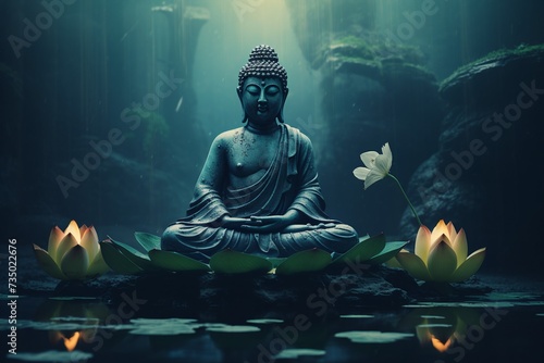 Serene Buddha Among Lotus Flowers