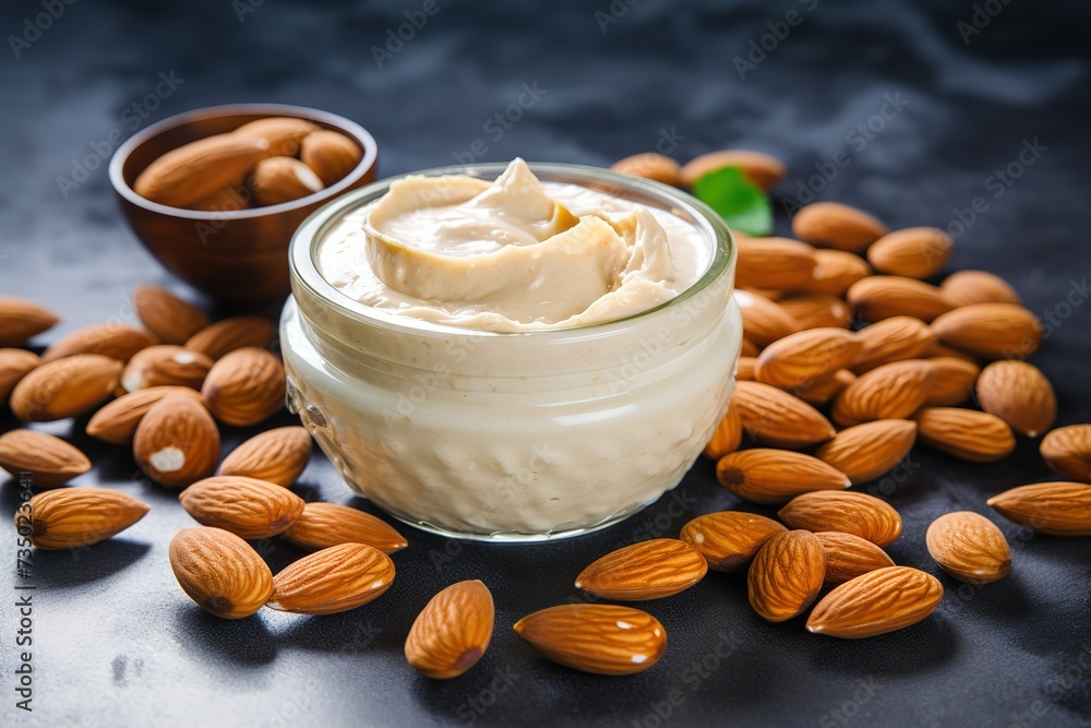 healthy peanut butter, almonds on a marble table, closeup healthy peanut butter, almonds on a marble table, closeup