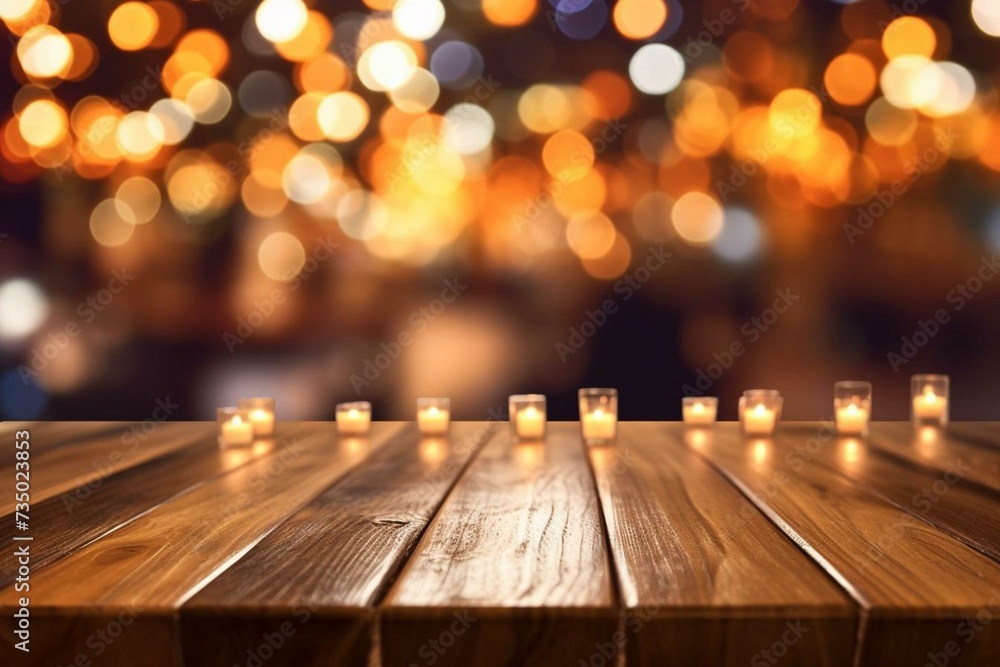 Picture of wooden table against abstract blurred lights in a restaurant. Generative AI
