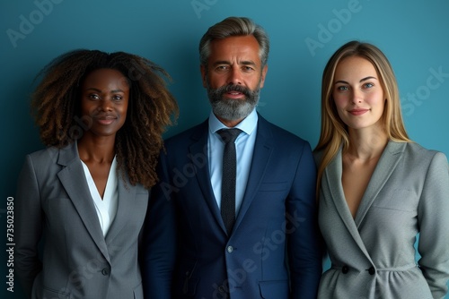 A happy and confident group of business professionals, standing together in a modern office setting.