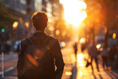 Businessman in the city. Back view of young man student standing on city street at sunrise