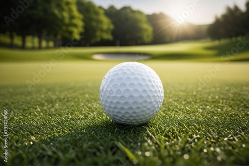 A white golf ball rests on the vibrant green grass near the hole on a golf course by ai generated