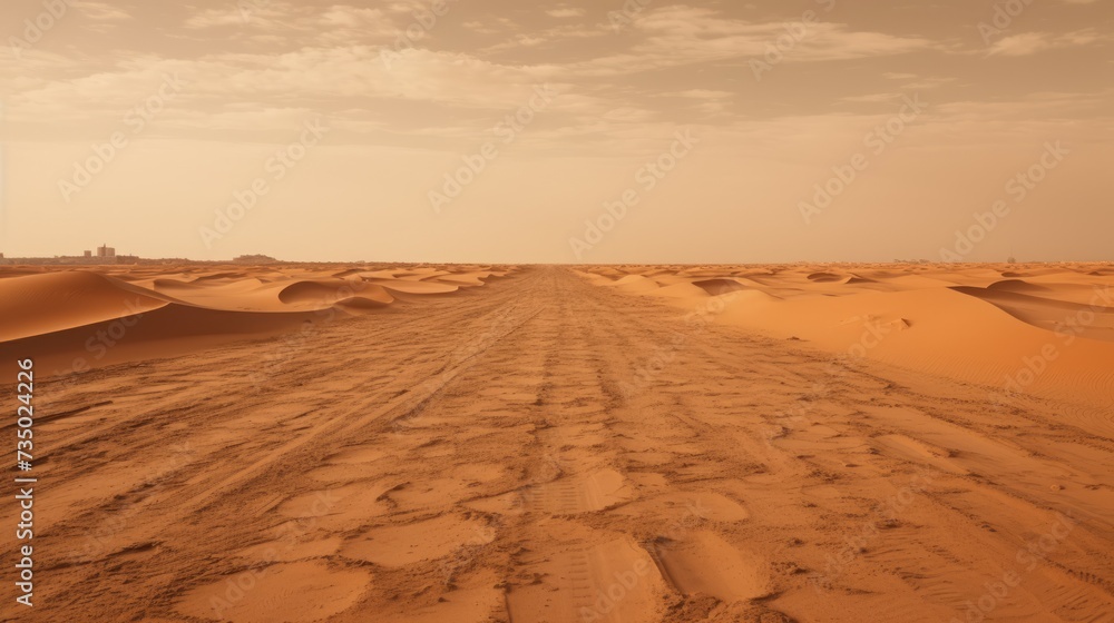 Asphalt road covered with sand in the desert after a sandstorm. - obrazy, fototapety, plakaty 