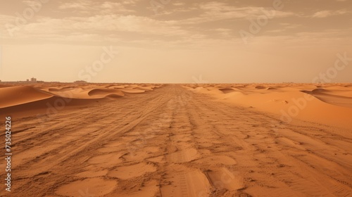 Asphalt road covered with sand in the desert after a sandstorm. photo
