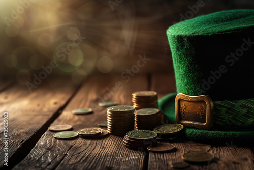 Stack of gold coins and green Patricks hat on wooden table