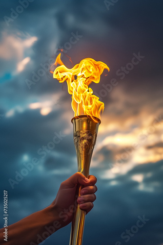 Hand holding a golden Olympic torch with a bright flame against a dramatic cloud-filled sky, symbolizing the Olympic Games in Paris, with copy space for text