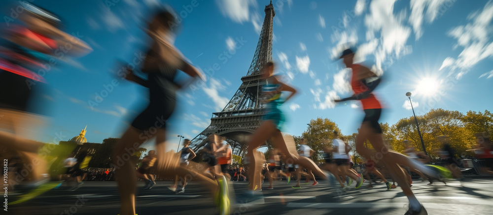 Marathon runners in motion with the iconic Eiffel Tower in the background, portraying dynamism and sports tourism in Paris, potentially related to the Olympic Games concept - obrazy, fototapety, plakaty 