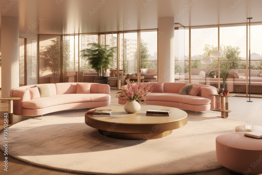 Living room in peach fuzz colours design, two sofa with pillows, table, panoramic windows, quiet luxury concept