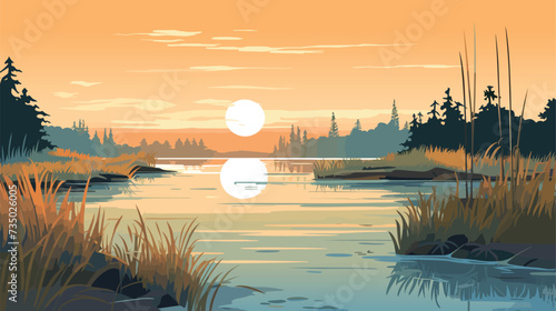Quiet summer evening beautiful nature cozy backwater on the river bank vector illustration photo
