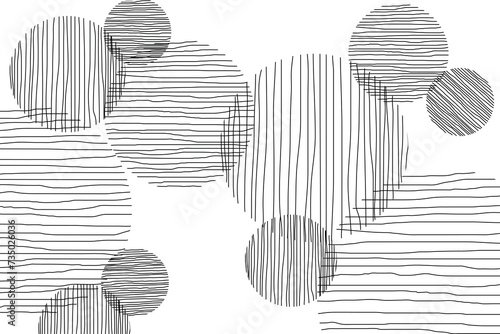Abstract artwork with vertical and horizontal lines in circles. Black and white hand-drawn background of the cover. Vector illustration