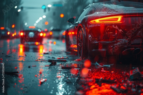 a car is parked on the side of the road in the rain