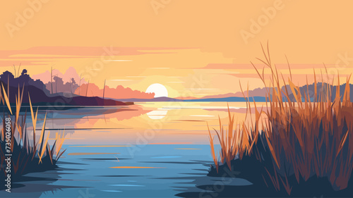 Quiet summer evening beautiful nature cozy backwater on the river bank vector illustration