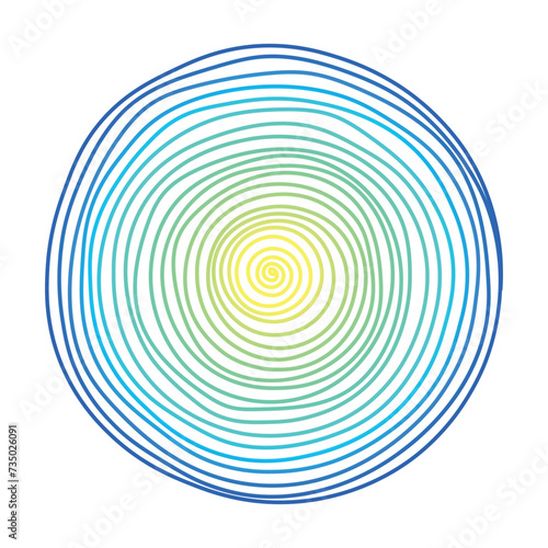 Abstract hand-drawn colorful Spiral graduating from yellow to blue isolated on a Transparent background. Vector illustration