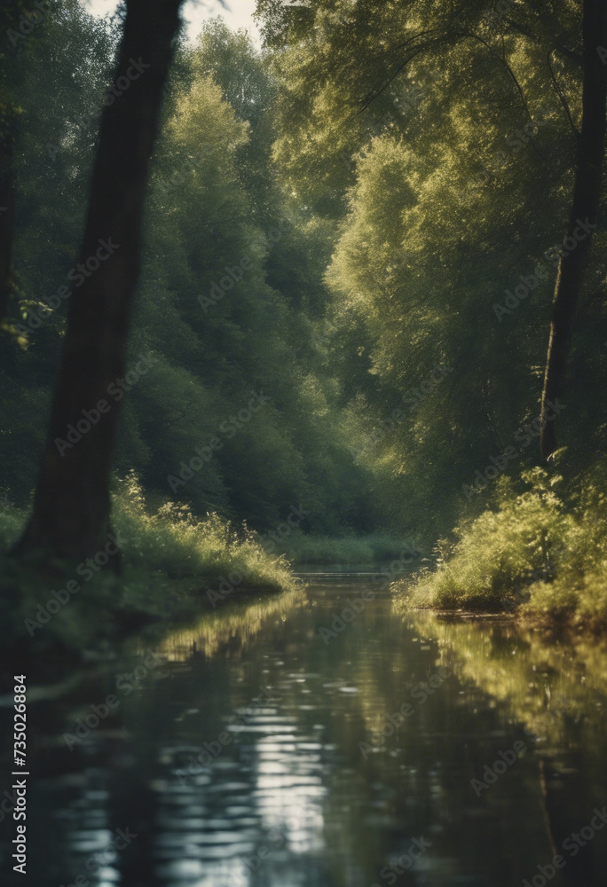 Illustration of the forest. Trees, shrubs and thickets in the form of silhouettes. River, stream in the forest Illustration of the forest. Trees, shrubs and thickets in the form of silhouettes. River, stream in the forest