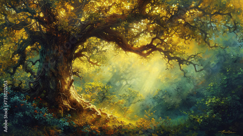 Painting of a tree with sunbeams in the background