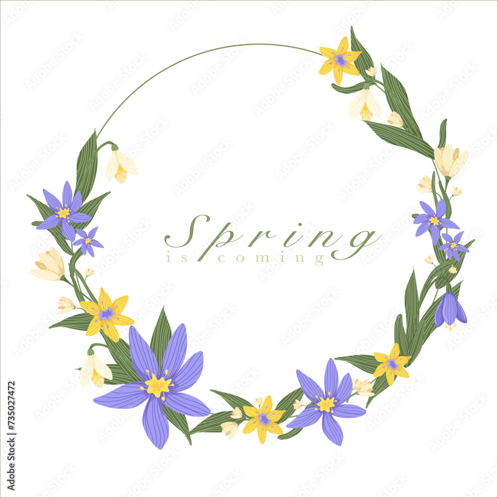 Vector round frame with  flowers and leaves on white background. Invitation design. Greeting card with crocuses. Spring is coming.