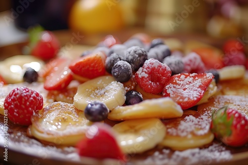 Delicious and homemade mini pancakes as a sweet perfect snack Poffertjes with fruits as sweet breakfast © LivroomStudio