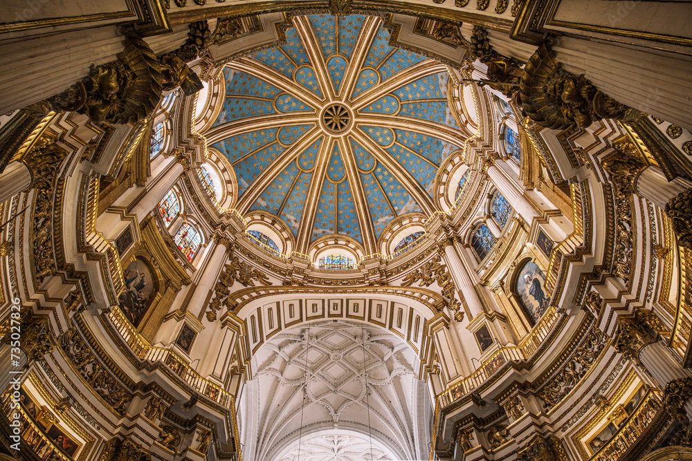 The dome of the Cathedral of the Incarnation (Catedral la Encarnacion), Granada, Andalusia, Spain. The construction of the cathedral began in 1518 at the heart of the old Muslim Medina.