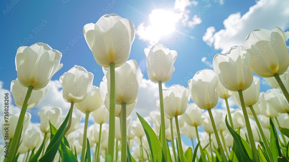 Obraz premium Close-up of white tulips field against blue sky background. Spring landscape concept. Generative AI