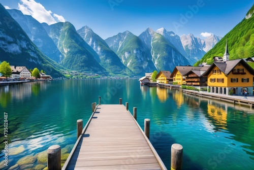 Capture Hallstatt Lake's charm iconic pier, mountain backdrop, quaint cottages by ai generated © Ai creative universe