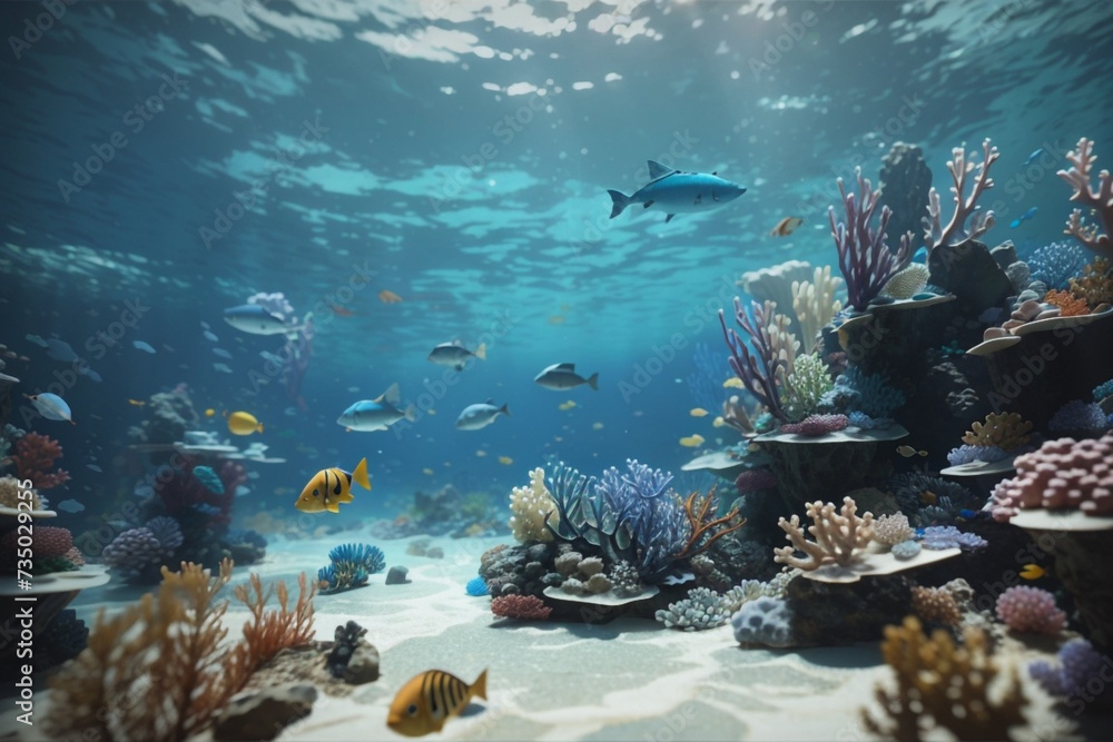 Underwater coral reef landscape with colorful fish. Tropical sea or ocean.