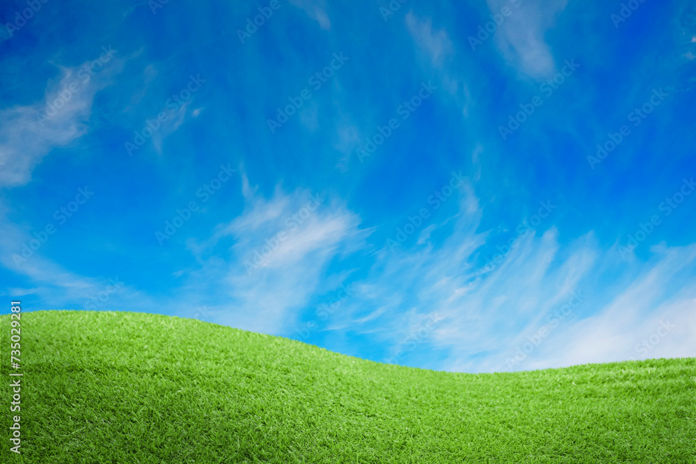 Lush green grass under blue sky with clouds