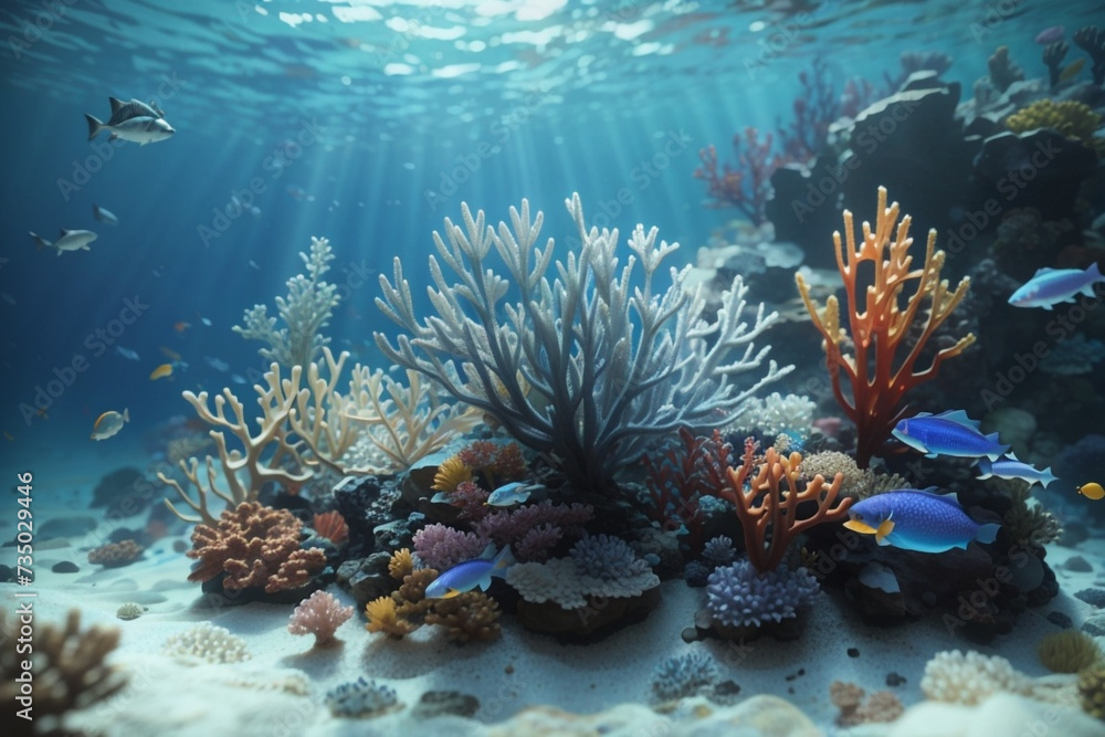 Obraz premium Underwater coral reef landscape with colorful fish. Tropical sea or ocean.