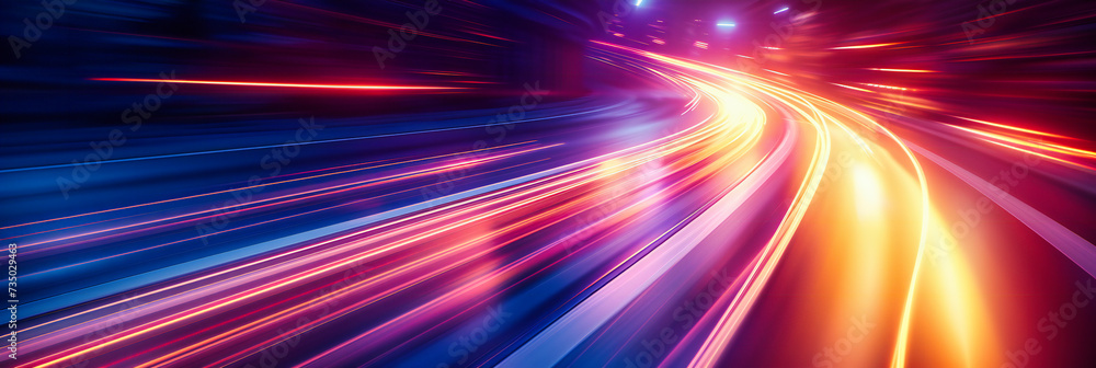 Fast motion on a highway at night, abstract light trails in urban road, blurred speed and transportation technology concept