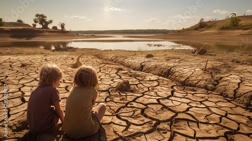 The sad future of planet Earth. Children sit on the cracked Ground and look at the drying river after the summer drought. The concept of global warming  climate change and global ecology.