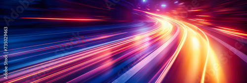 Fast motion on a highway at night, abstract light trails in urban road, blurred speed and transportation technology concept